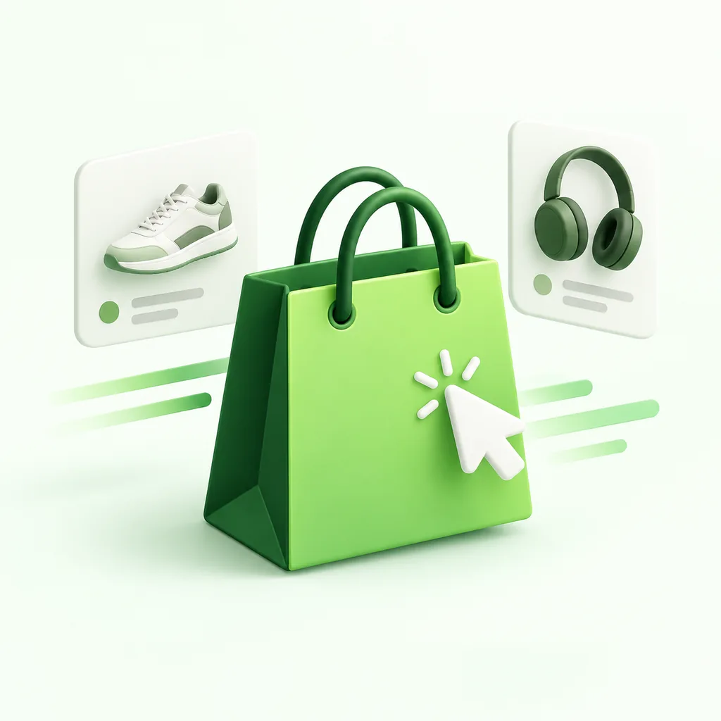 Bolsa de compras verde con tarjetas de productos de Osly Shop